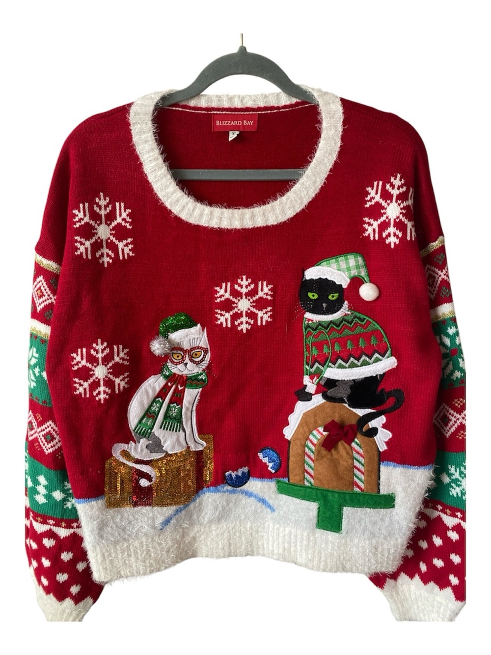 Blizzard Bay Ugly Christmas Sweater, Cats, Embroidery, Sequins, Pompoms, Fuzzy